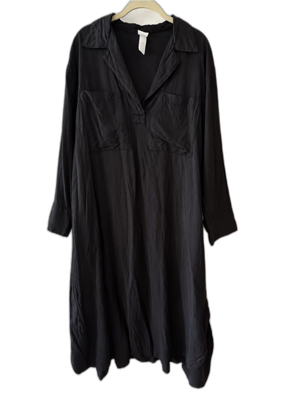 H&M Black Satin Effect Collared V-Neck Midi Shirt Dress Size L